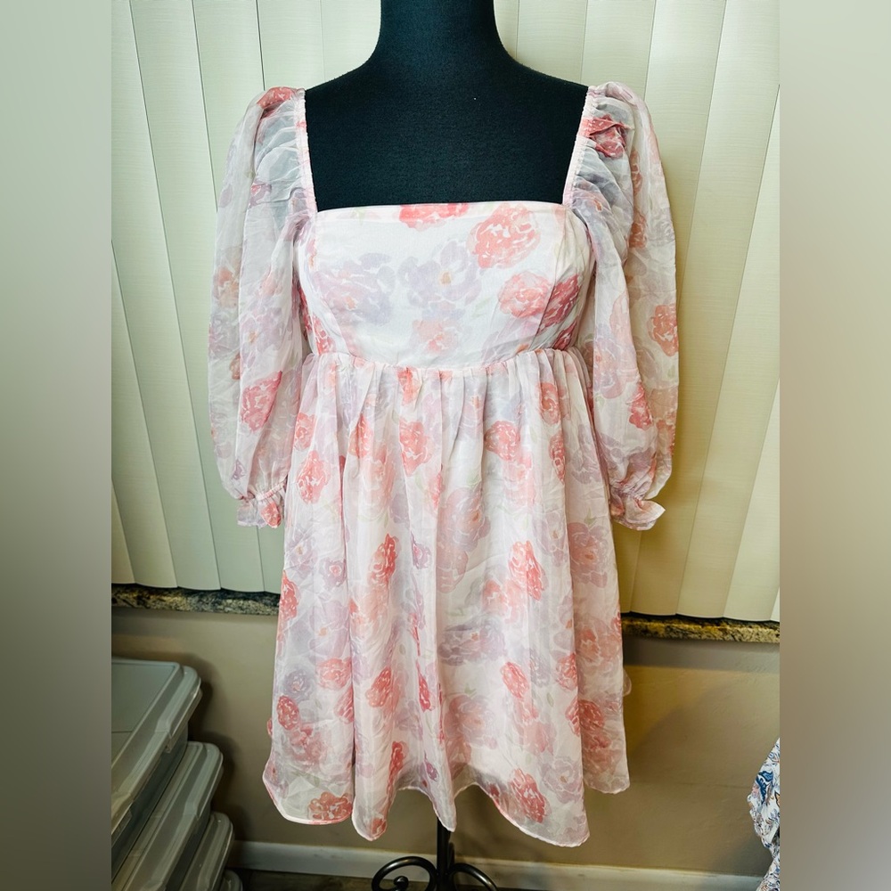 Storia Pink Floral Puff Sleeve Babydoll Whimsical Mini Dress Size Medium